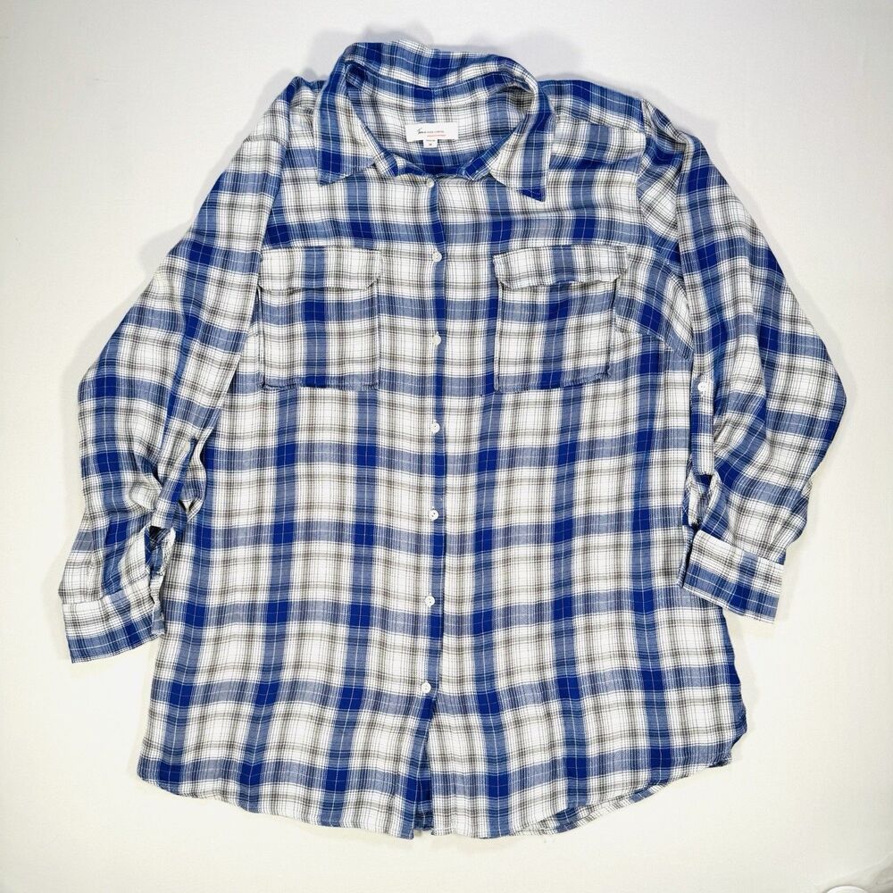 Two by Vince Camuto Women’s Plaid Button Down 2X Blue Gray White Long Sleeve